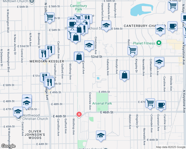 map of restaurants, bars, coffee shops, grocery stores, and more near 5018 Lemans Drive in Indianapolis