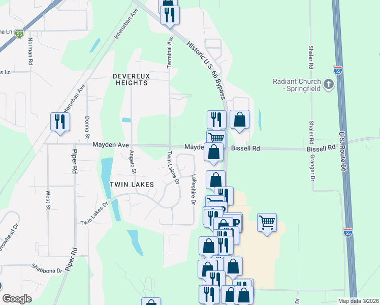 map of restaurants, bars, coffee shops, grocery stores, and more near 3125 Lakeshire Drive in Springfield