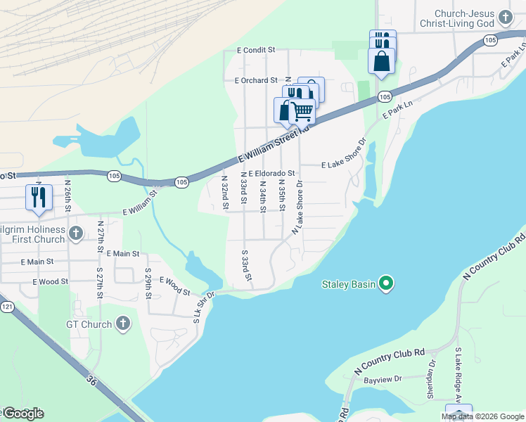 map of restaurants, bars, coffee shops, grocery stores, and more near 301 North 34th Street in Decatur