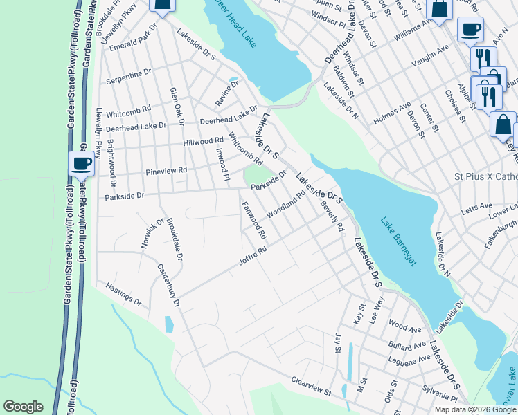 map of restaurants, bars, coffee shops, grocery stores, and more near 1661 Woodland Road in Lacey Township