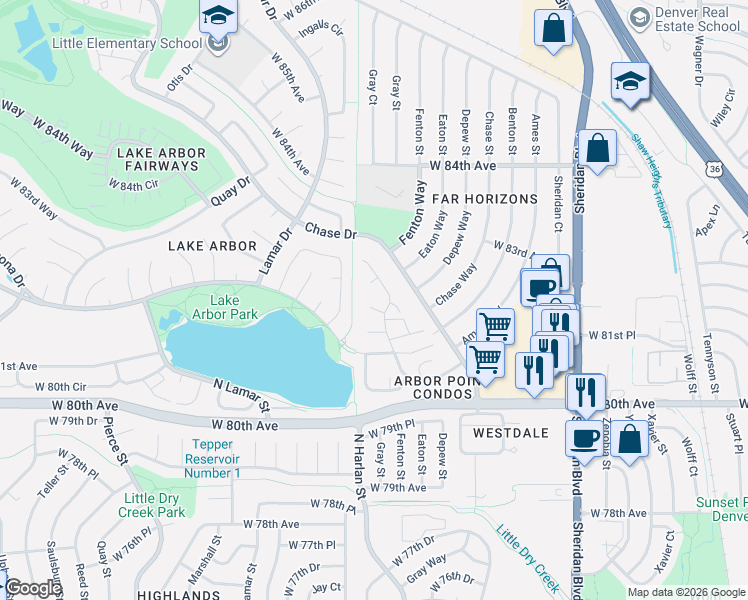 map of restaurants, bars, coffee shops, grocery stores, and more near 5786 West 81st Place in Arvada