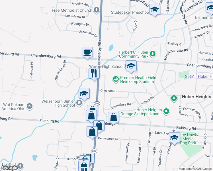 map of restaurants, bars, coffee shops, grocery stores, and more near 6216 Cruxten Drive in Dayton