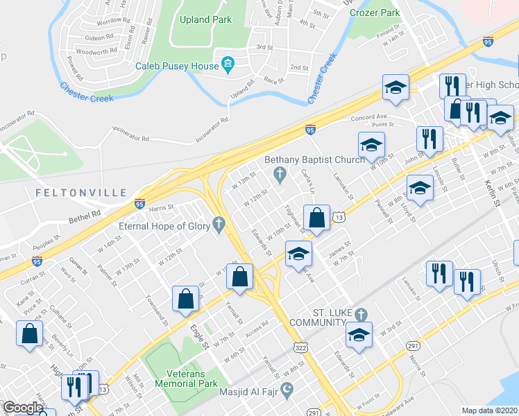 map of restaurants, bars, coffee shops, grocery stores, and more near 1114 Central Avenue in Chester