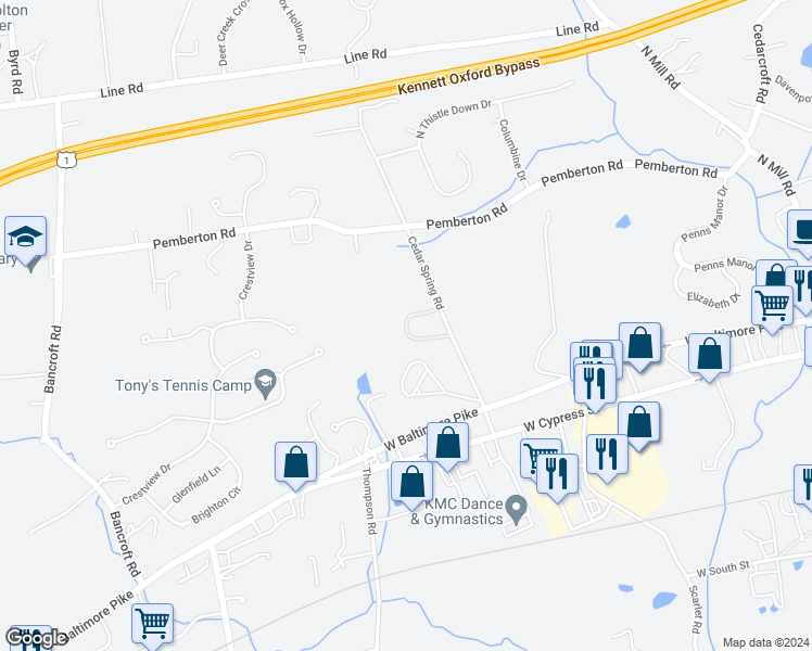 map of restaurants, bars, coffee shops, grocery stores, and more near 600 Cedar Woods Circle in Kennett Square