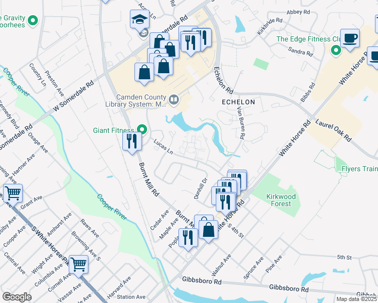 map of restaurants, bars, coffee shops, grocery stores, and more near 63 Dunhill Drive in Voorhees Township