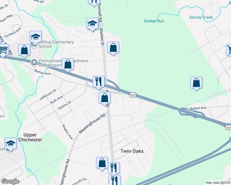 map of restaurants, bars, coffee shops, grocery stores, and more near 410 Bethel Avenue in Aston