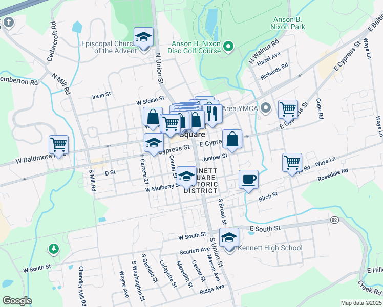 map of restaurants, bars, coffee shops, grocery stores, and more near 208 S Union St in Kennett Square