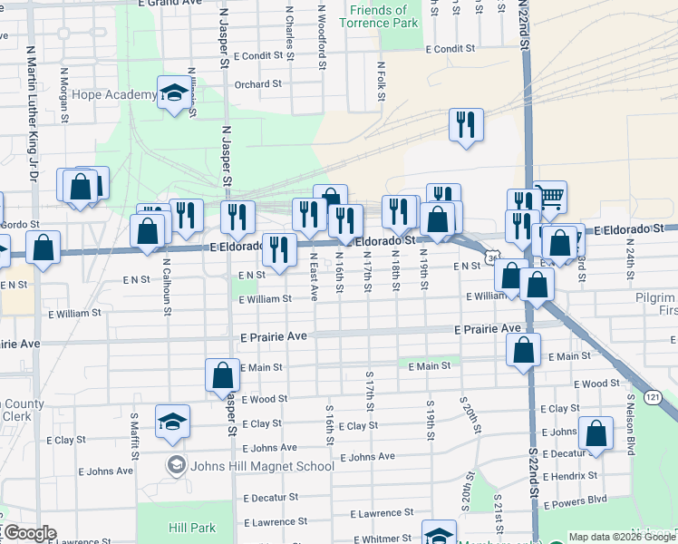 map of restaurants, bars, coffee shops, grocery stores, and more near 400 North 16th Street in Decatur