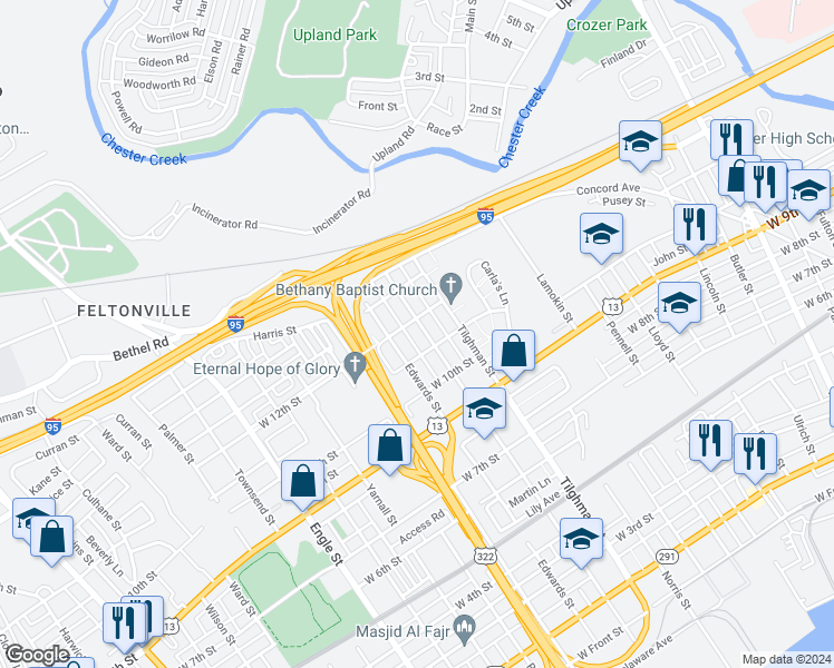 map of restaurants, bars, coffee shops, grocery stores, and more near 1118 Central Avenue in Chester