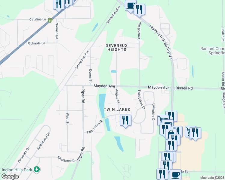 map of restaurants, bars, coffee shops, grocery stores, and more near 201-299 Mayden Road in Springfield
