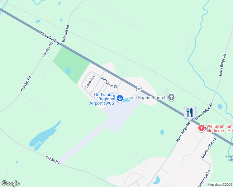 map of restaurants, bars, coffee shops, grocery stores, and more near 309 Benning Avenue in Gettysburg