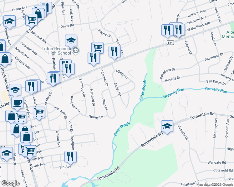 map of restaurants, bars, coffee shops, grocery stores, and more near 21 Randy Road in Camden County