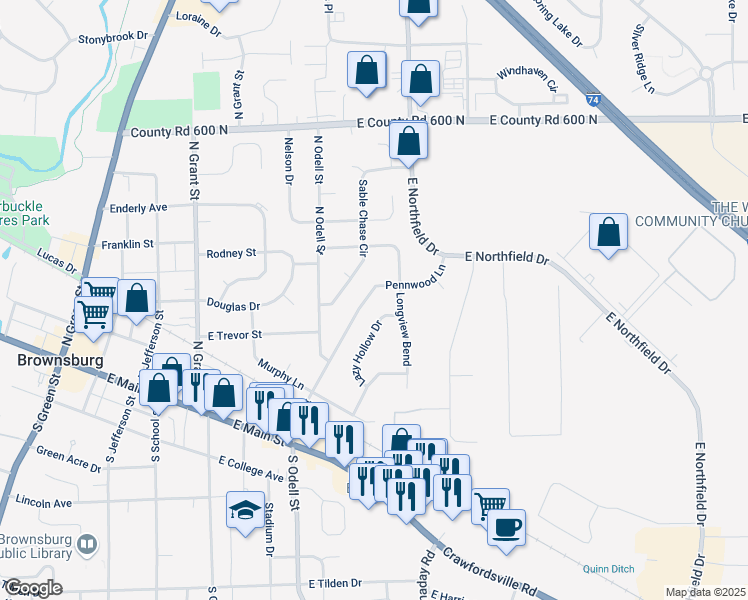 map of restaurants, bars, coffee shops, grocery stores, and more near 339 Pennwood Lane in Brownsburg