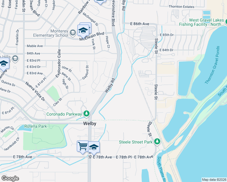 map of restaurants, bars, coffee shops, grocery stores, and more near 8280 Welby Road in Denver