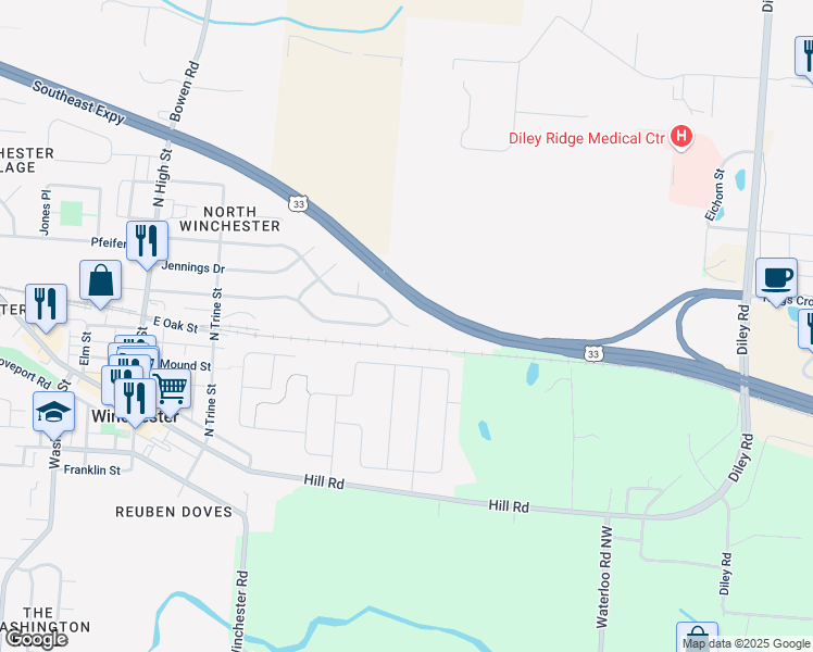 map of restaurants, bars, coffee shops, grocery stores, and more near Kramer Court in Canal Winchester