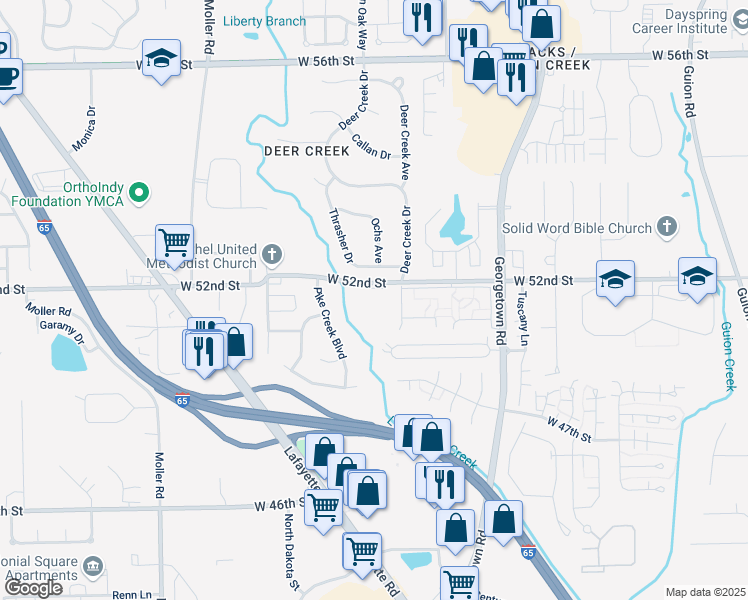 map of restaurants, bars, coffee shops, grocery stores, and more near 5045 West 52nd Street in Indianapolis
