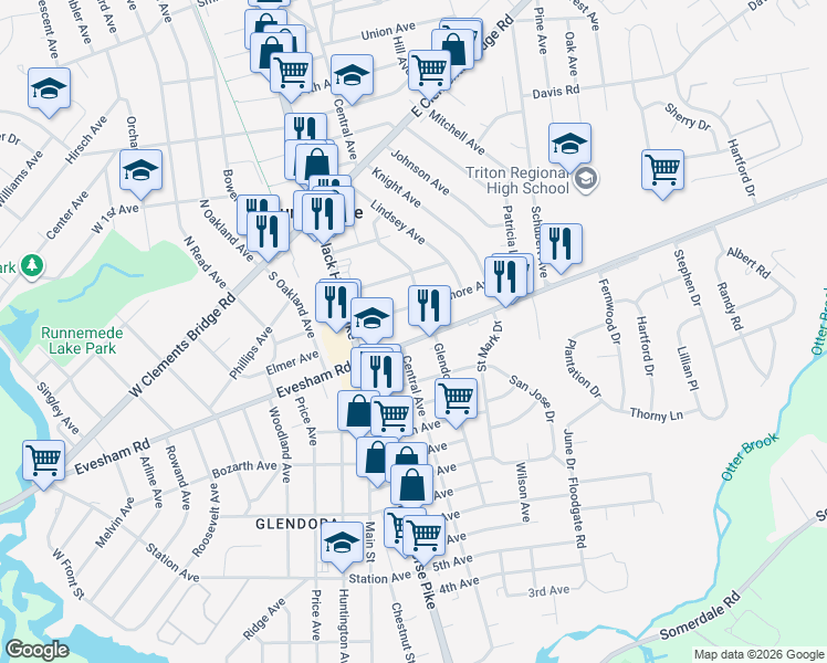 map of restaurants, bars, coffee shops, grocery stores, and more near 301 Washington Avenue in Runnemede