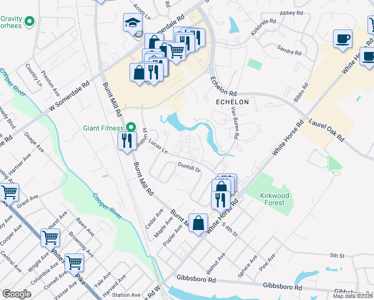 map of restaurants, bars, coffee shops, grocery stores, and more near 4207 Babe Court in Voorhees Township