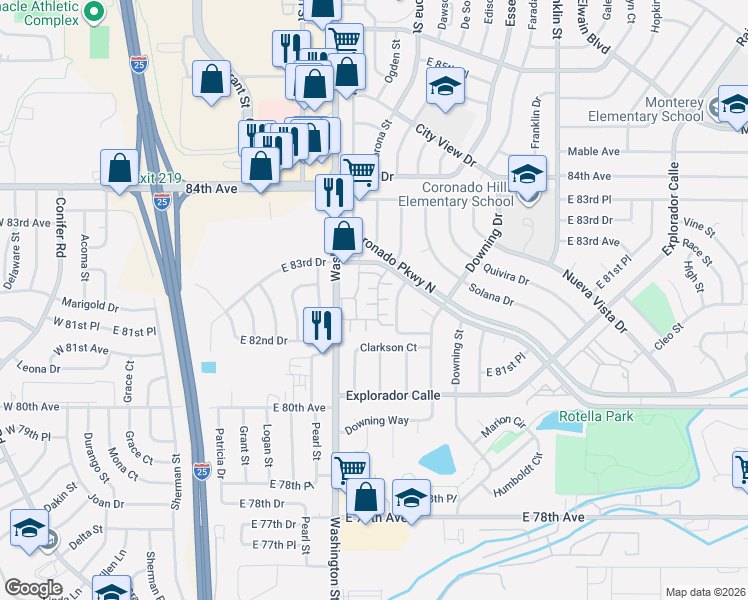 map of restaurants, bars, coffee shops, grocery stores, and more near 8260 Washington Street in Denver
