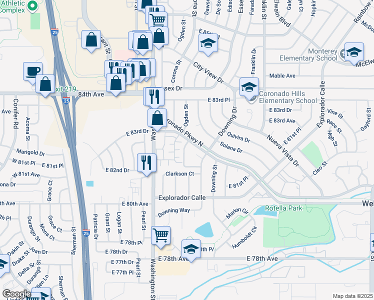 map of restaurants, bars, coffee shops, grocery stores, and more near 981 Coronado Parkway North in Denver