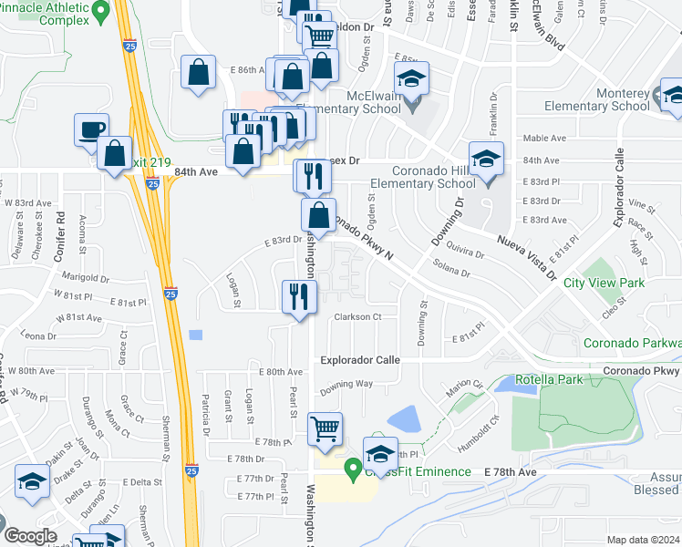 map of restaurants, bars, coffee shops, grocery stores, and more near 8260 Washington Street in Denver
