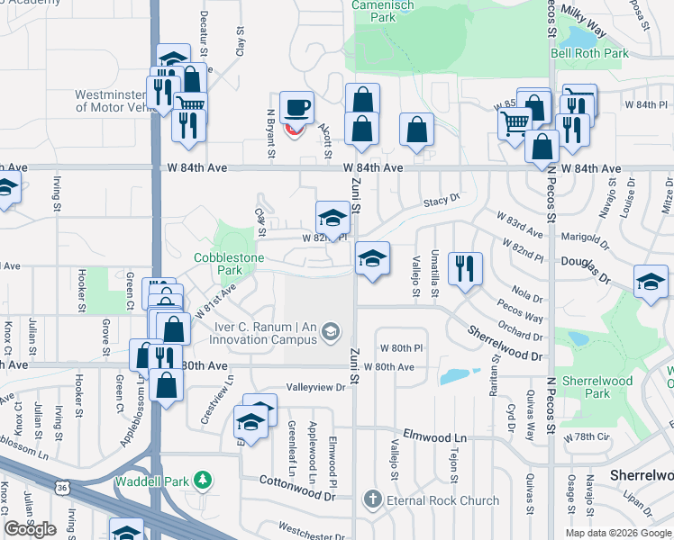 map of restaurants, bars, coffee shops, grocery stores, and more near 2430 West 82nd Place in Westminster