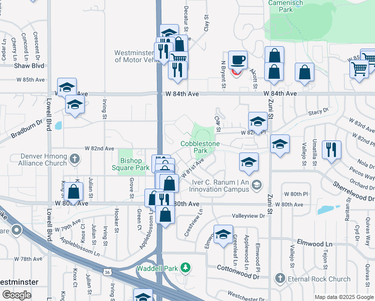 map of restaurants, bars, coffee shops, grocery stores, and more near 8290 Federal Boulevard in Westminster