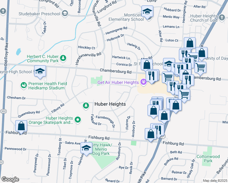 map of restaurants, bars, coffee shops, grocery stores, and more near 6396 Rosebury Drive in Dayton