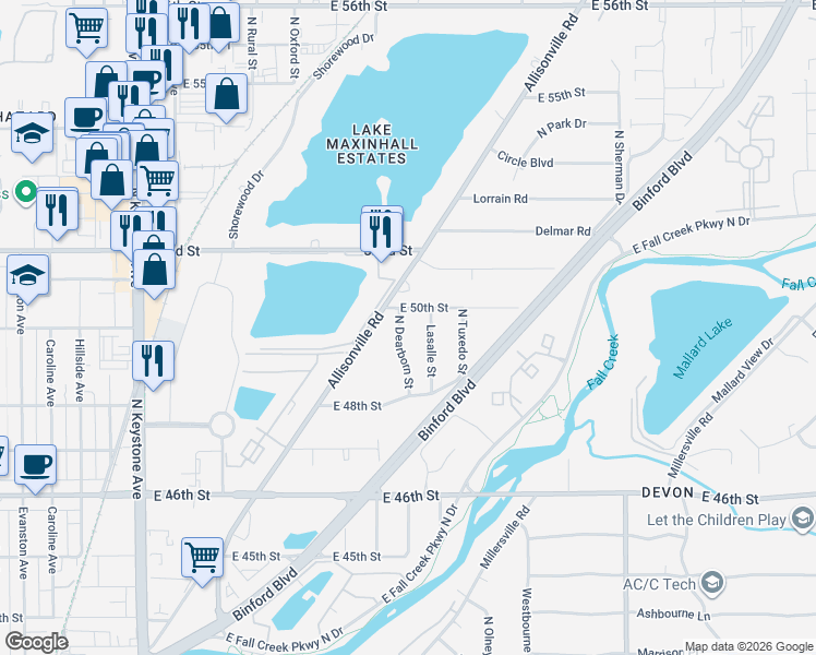 map of restaurants, bars, coffee shops, grocery stores, and more near 5034 Allisonville Road in Indianapolis