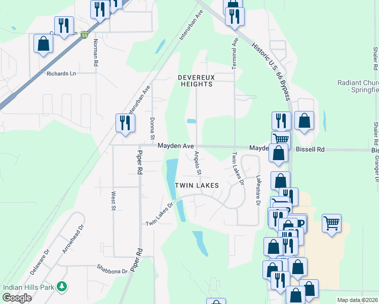map of restaurants, bars, coffee shops, grocery stores, and more near 201-299 Mayden Road in Springfield