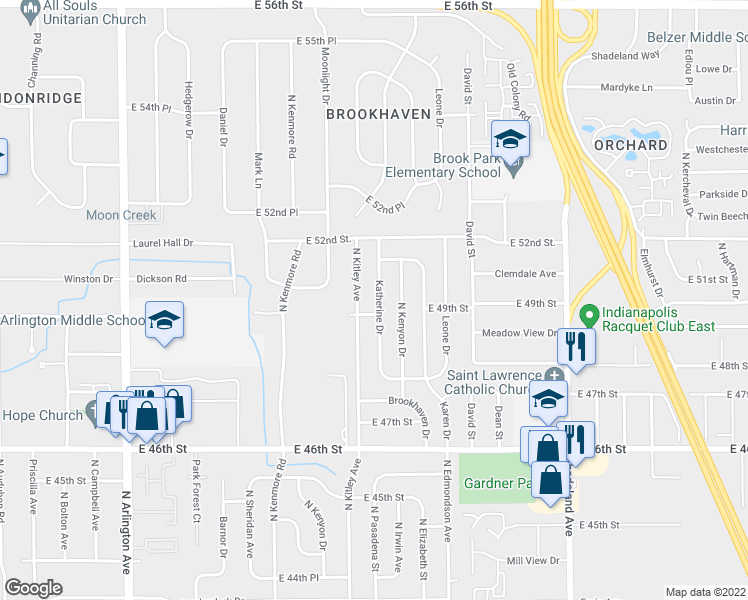 map of restaurants, bars, coffee shops, grocery stores, and more near 4914 Katherine Drive in Indianapolis