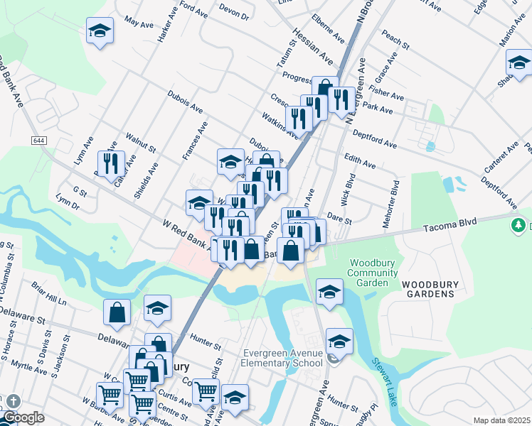 map of restaurants, bars, coffee shops, grocery stores, and more near 644-646 North Broad Street in Woodbury