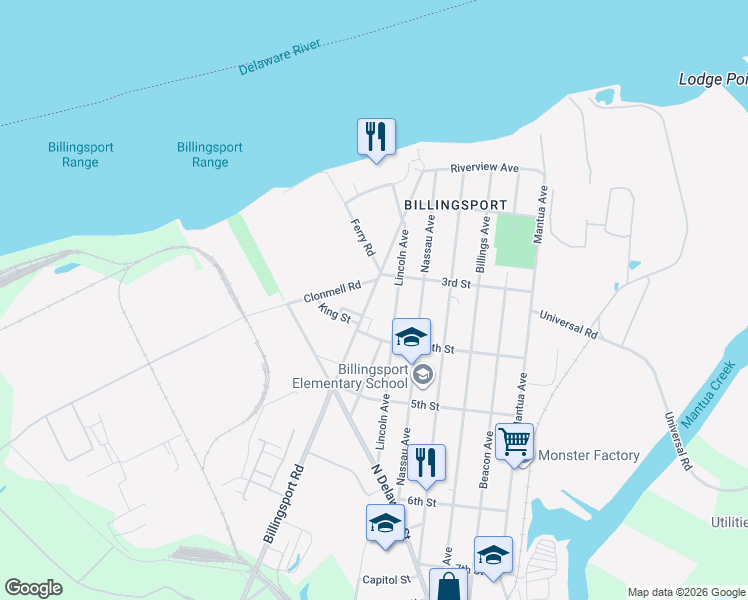 map of restaurants, bars, coffee shops, grocery stores, and more near 13481 Ferry Road in Paulsboro