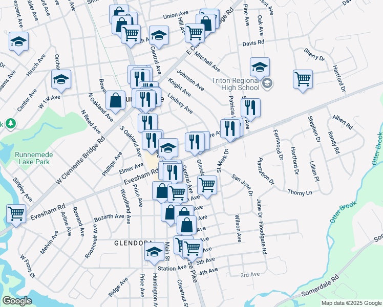 map of restaurants, bars, coffee shops, grocery stores, and more near 317 Washington Avenue in Runnemede