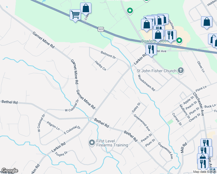 map of restaurants, bars, coffee shops, grocery stores, and more near 1704 Larkin Road in Boothwyn