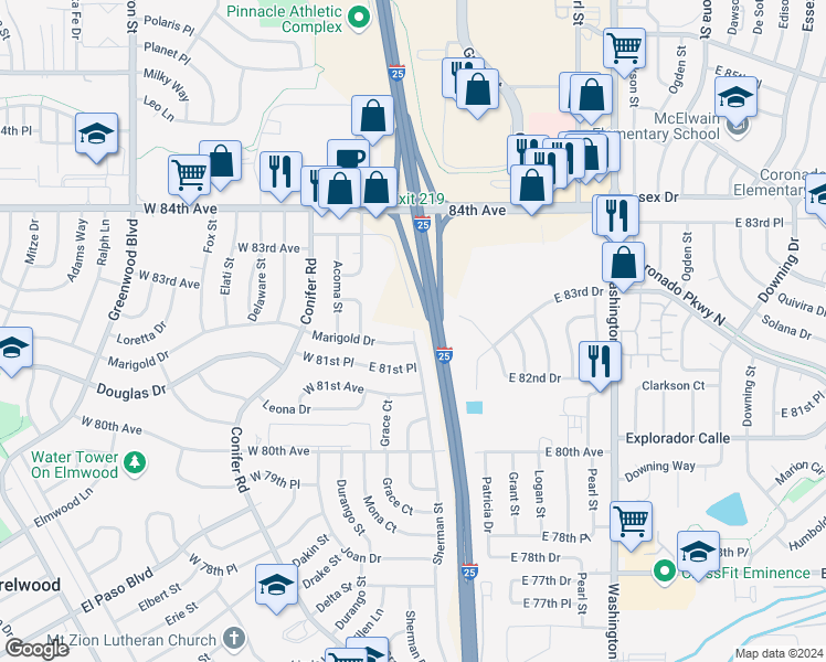 map of restaurants, bars, coffee shops, grocery stores, and more near 11461 Sherman Street in Denver