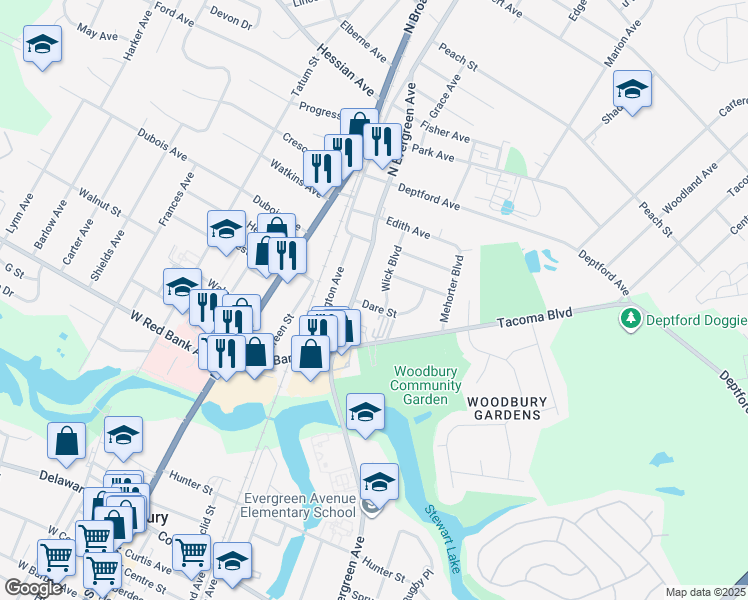 map of restaurants, bars, coffee shops, grocery stores, and more near 737 Wick Boulevard in Woodbury