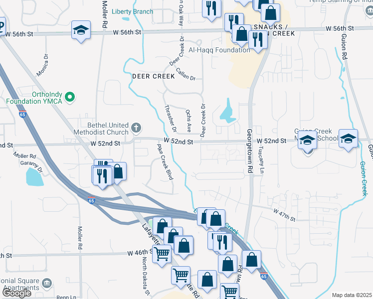 map of restaurants, bars, coffee shops, grocery stores, and more near 5045 West 52nd Street in Indianapolis