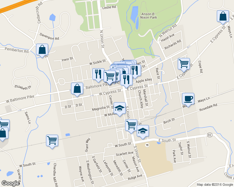 map of restaurants, bars, coffee shops, grocery stores, and more near 122 West Cypress Street in Kennett Square
