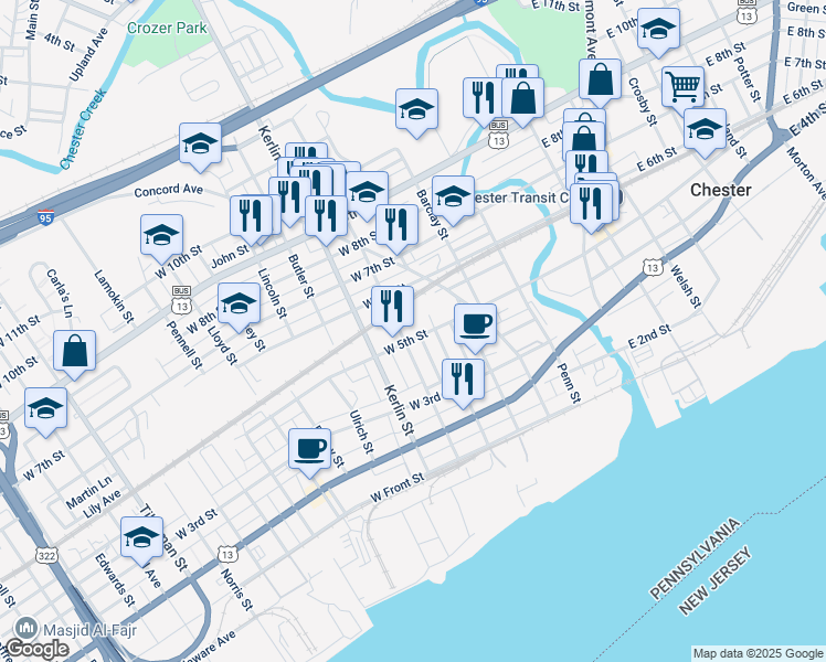 map of restaurants, bars, coffee shops, grocery stores, and more near 522 West 5th Street in Chester