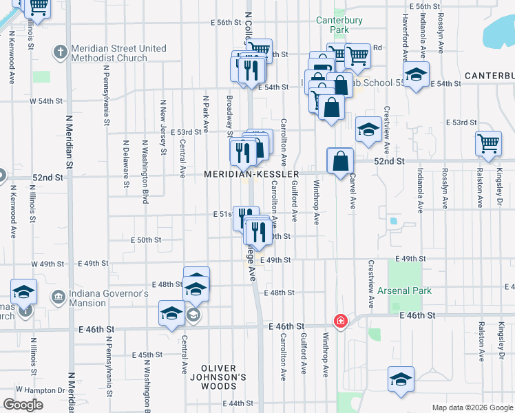 map of restaurants, bars, coffee shops, grocery stores, and more near 5130 Carrollton Avenue in Indianapolis