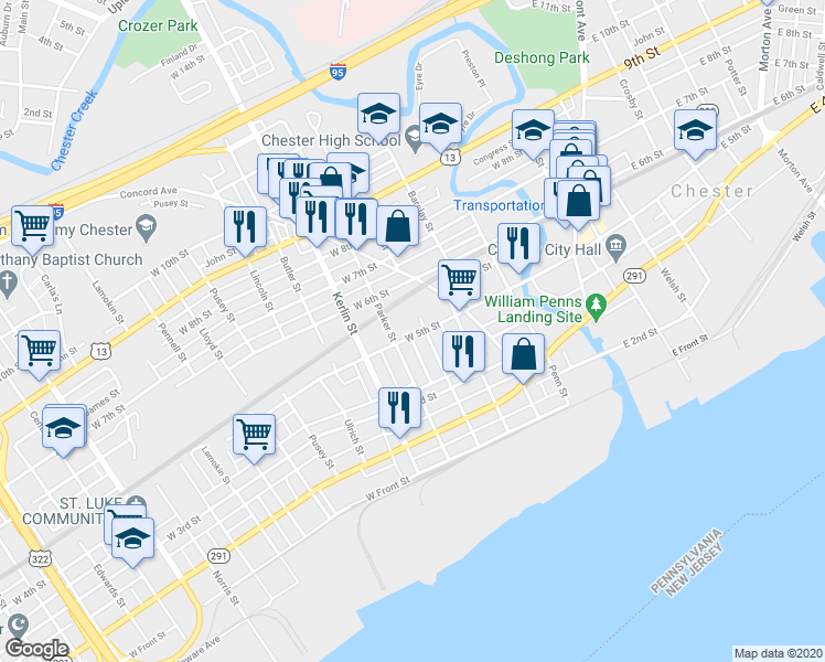 map of restaurants, bars, coffee shops, grocery stores, and more near 510 West 5th Street in Chester