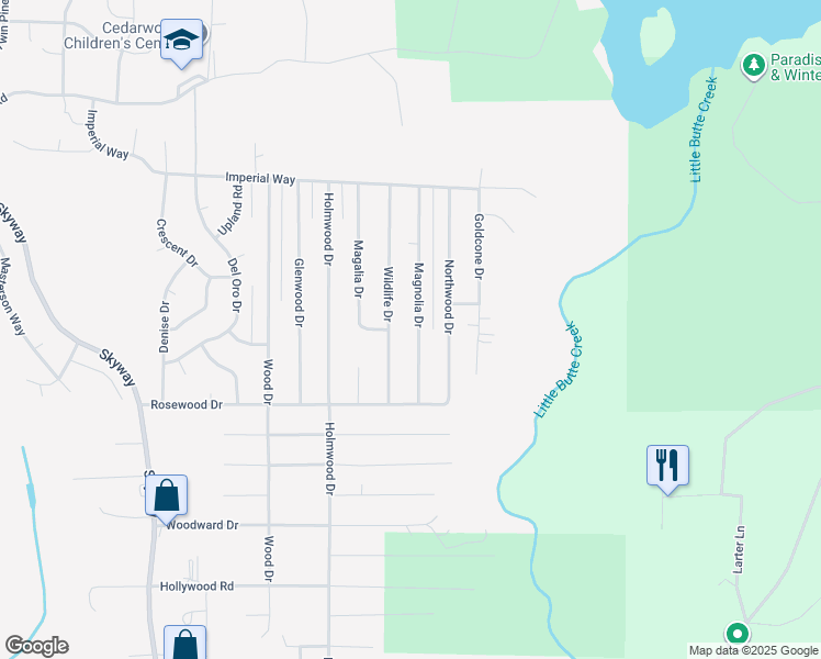 map of restaurants, bars, coffee shops, grocery stores, and more near 14759 Magnolia Drive in Magalia