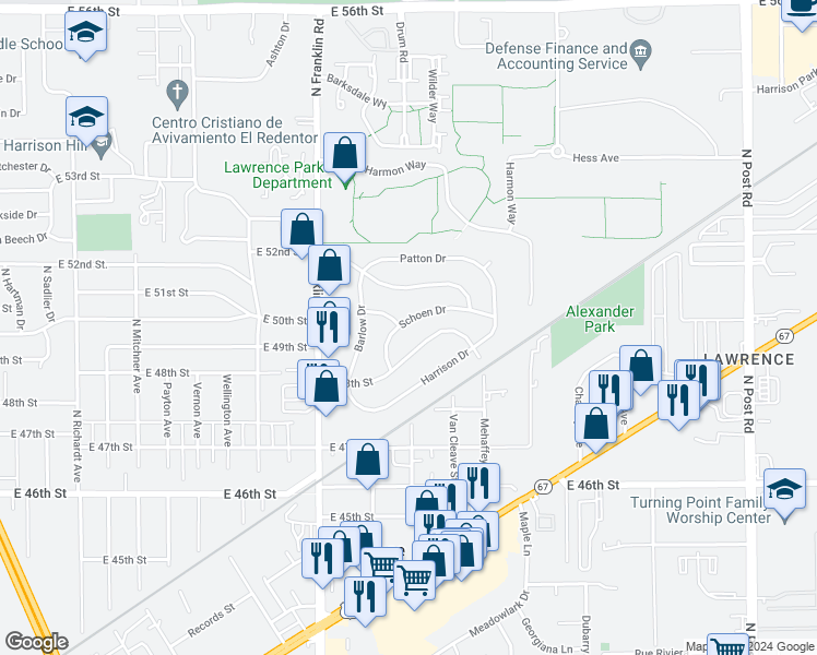 map of restaurants, bars, coffee shops, grocery stores, and more near 8207 Schoen Drive in Lawrence