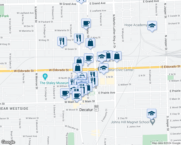map of restaurants, bars, coffee shops, grocery stores, and more near 432 North Water Street in Decatur