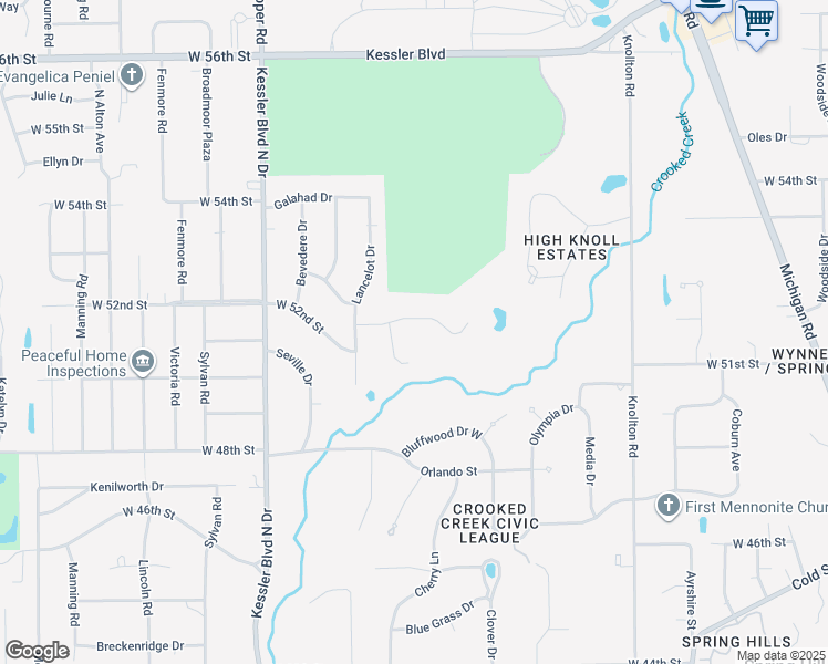 map of restaurants, bars, coffee shops, grocery stores, and more near 2702 Knollwood Drive in Indianapolis