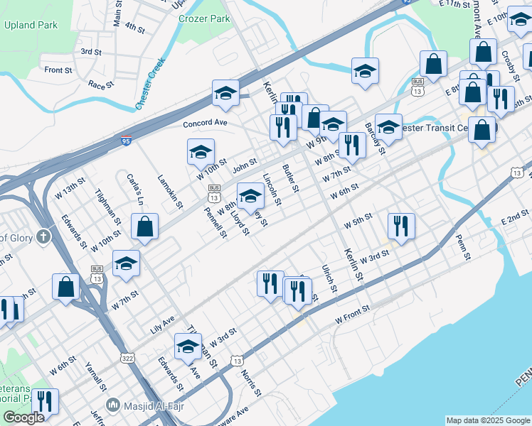 map of restaurants, bars, coffee shops, grocery stores, and more near 927 West 7th Street in Chester