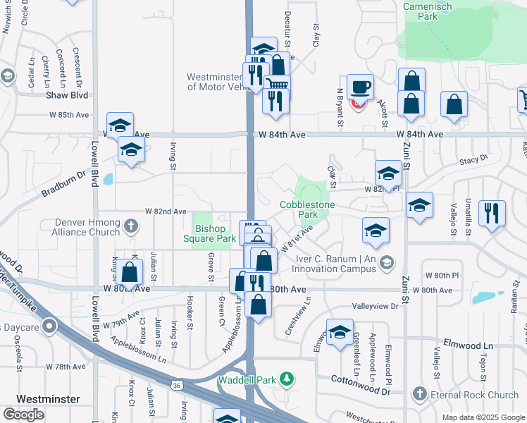 map of restaurants, bars, coffee shops, grocery stores, and more near 8290 Federal Boulevard in Westminster