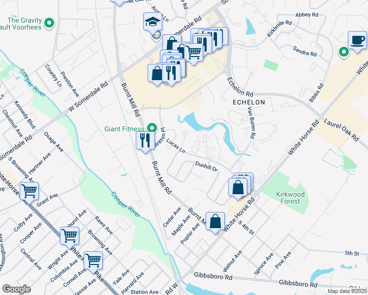 map of restaurants, bars, coffee shops, grocery stores, and more near 601 Britton Place in Voorhees Township