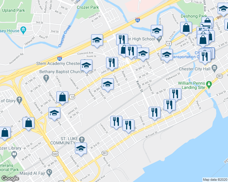 map of restaurants, bars, coffee shops, grocery stores, and more near 912-914 West 7th Street in Chester